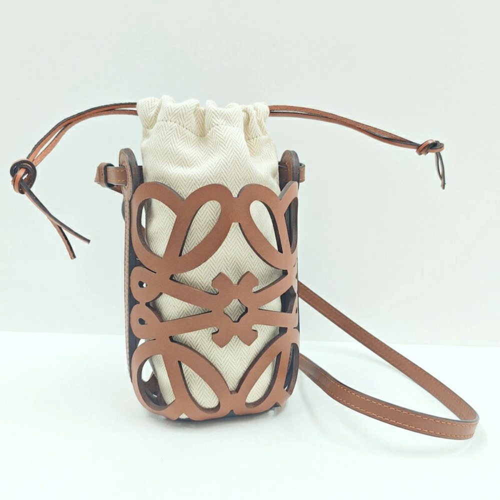 Loewe Anagram Cutout Pocket Shoulder Bag Brown Leather Canvas
